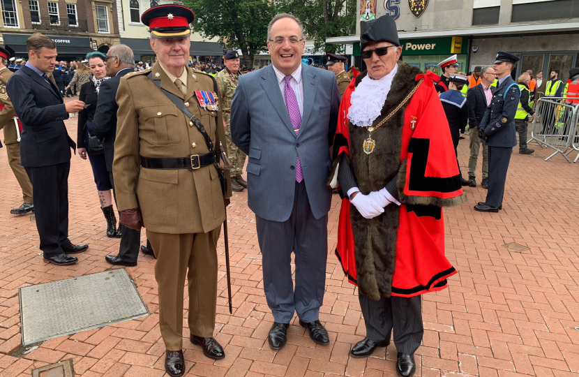 (Photo above: Michael Ellis MP with Colonel Blomfield (who was in charge of the parade of 1,200 cadets in Northampton) and the Mayor of Northampton at the Platinum Jubilee celebrations in the Market Square.)